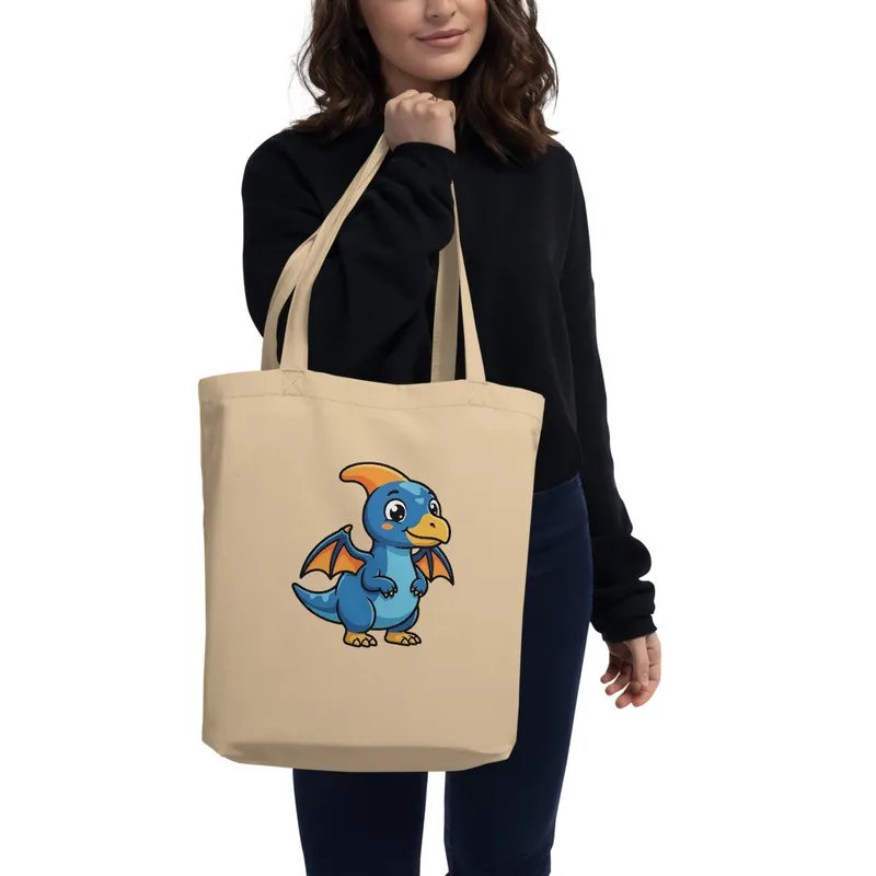 Pteranodon Tote Bag, cartoon dinosaur tote, organic cotton market bag, library visit accessory, dino lover gift