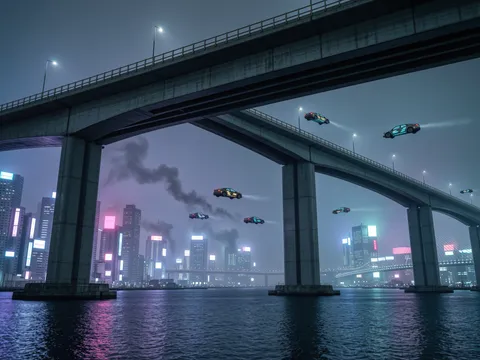 Massive concrete overpass at night over neon Tokyo