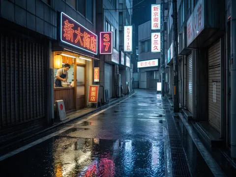 Neon-Lit Tokyo Alley Reflection