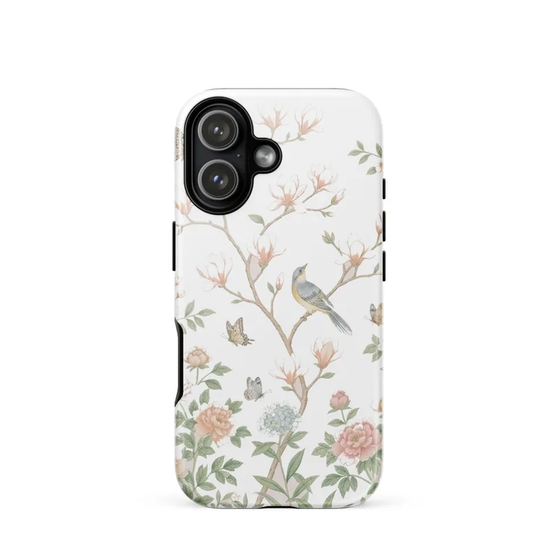 Peach Magnolia Chinoiserie Tough Phone Case, iPhone 15, 16 and 17 case, floral watercolor, botanical gift, elegant decor