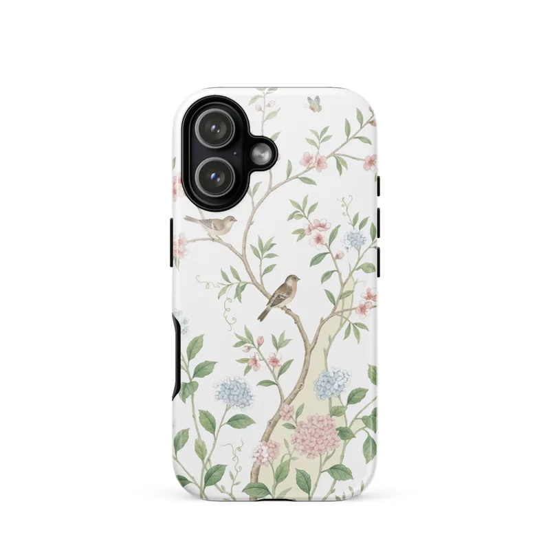 Ivory Hydrangea and Plum Branches with Finches Tough Phone Case, chinoiserie floral art, botanical gift, iPhone 15, 16 and 17 case