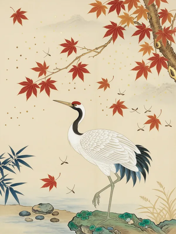 White Crane with Red Maple