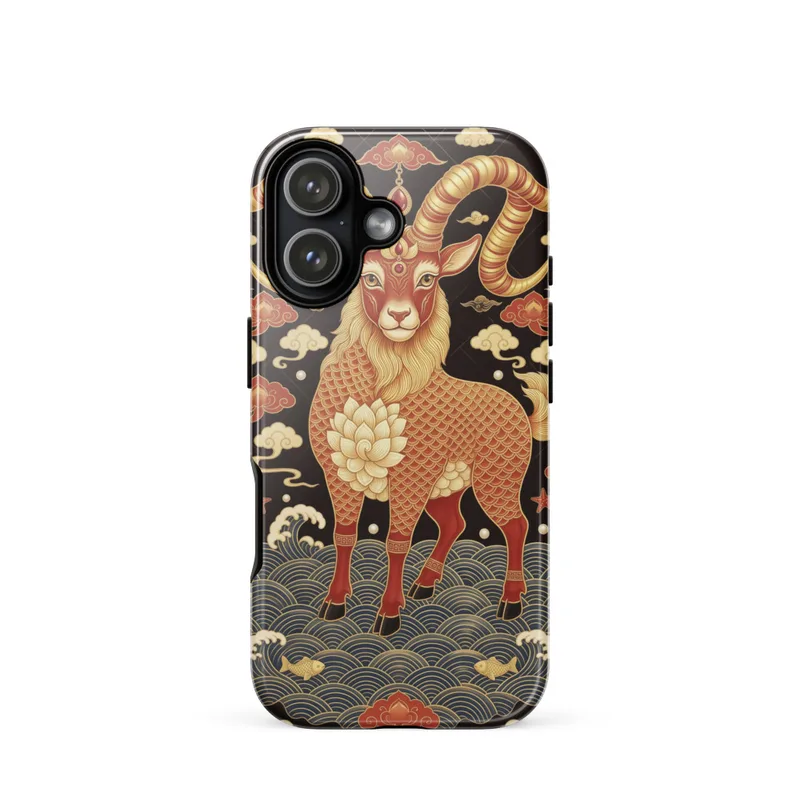 Chinese Goat Tough Phone Case, iPhone 15, 16 and 17 case, Chinese art, red gold decor, gift for zodiac fans