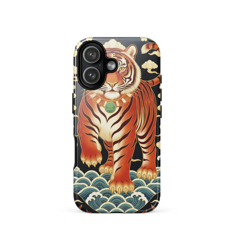 Chinese Tiger Tough Phone Case, iPhone 15, 16 and 17 case, ornate red and gold style, traditional Chinese art gift