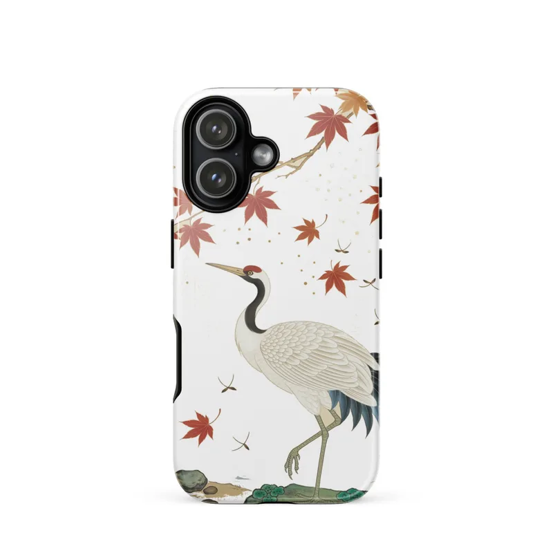 White Crane with Red Maple Tough Phone Case, Chinese gongbi art, Song dynasty style, iPhone 15, 16 and 17 case, elegant gift