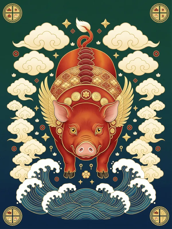 Ornate Chinese Pig Art Print, traditional Chinese decor, Lunar New Year wall art, red and gold illustration, cultural gift