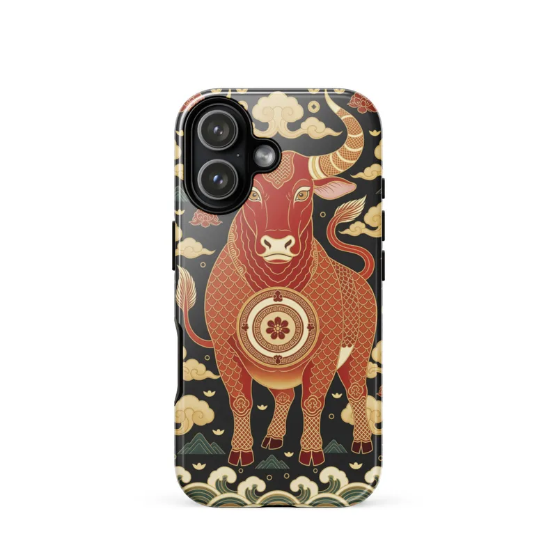 Chinese Ox Tough Phone Case, ornate Chinese art, red and gold design, traditional gift, iPhone 15, 16 and 17 case