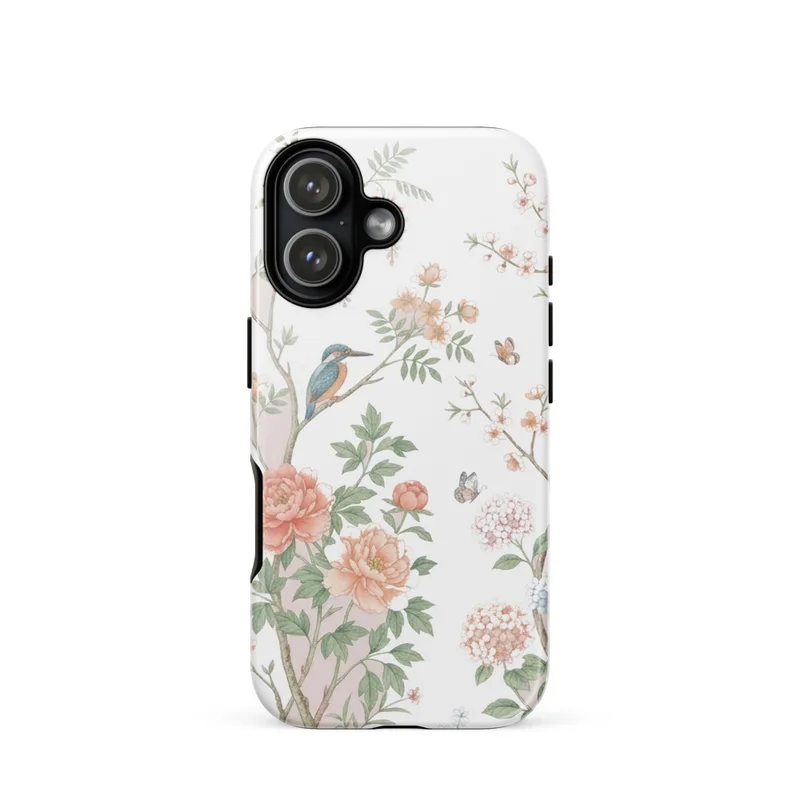 Coral Peony Wisteria Panel Tough Phone Case, iPhone 15, 16 and 17 case, chinoiserie floral art, pastel bird design, elegant gift