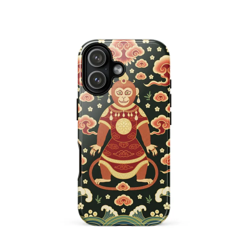 Chinese Monkey Tough Phone Case, iPhone 15, 16 and 17 case, ornate red and gold style, traditional Chinese gift