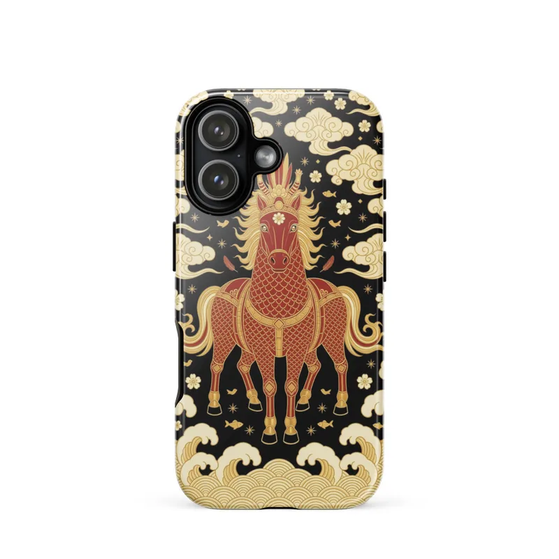 Chinese Horse Tough Phone Case, ornate Chinese art, red gold decor, iPhone 15, 16 and 17 case, horse lover gift