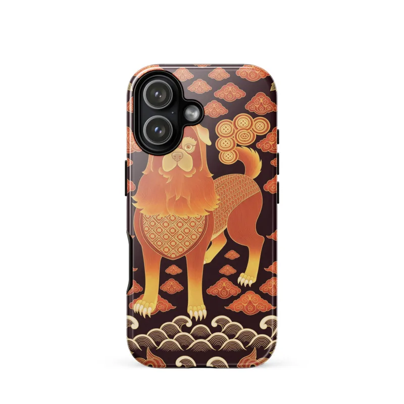 Chinese Dog Tough Phone Case, ornate Chinese art, red and gold design, traditional decor gift, iPhone 15, 16 and 17 case