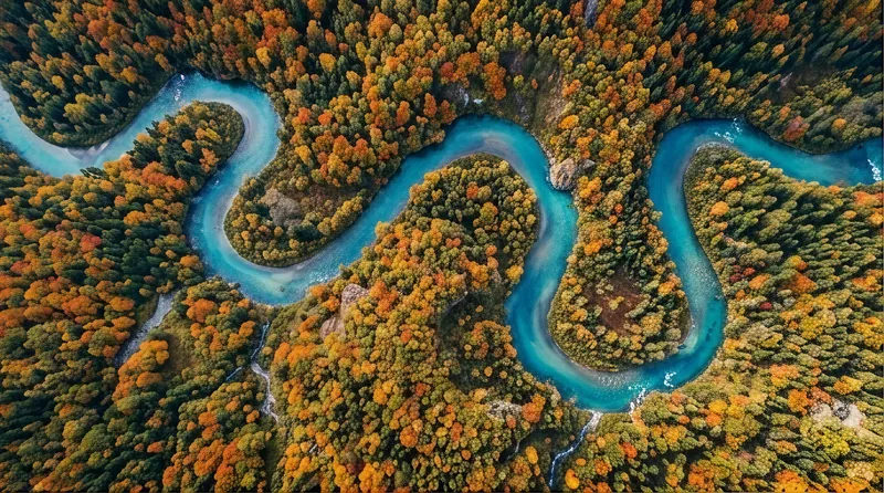 Winding Turquoise River Canvas Print, aerial photography, autumn forest wall art, nature gift, living room decor