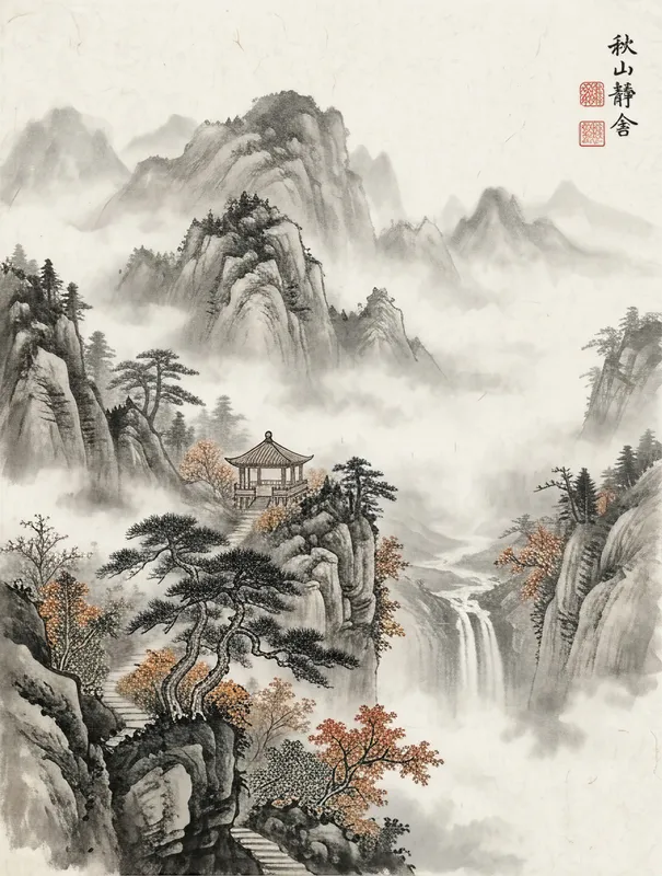 Pavilion Among Autumn Peaks